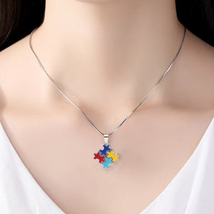 Autism Awareness Jigsaw Puzzle Piece Necklace For Women Girls Multicolor Enamel Crystal Paved Pendant Necklace Fashion Jewelry