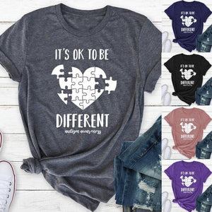 To Be Different Letter Puzzle Heart Print T Shirt Women Short Sleeve O Neck Loose Tshirt Summer Women Tee Shirt Tops Mujer