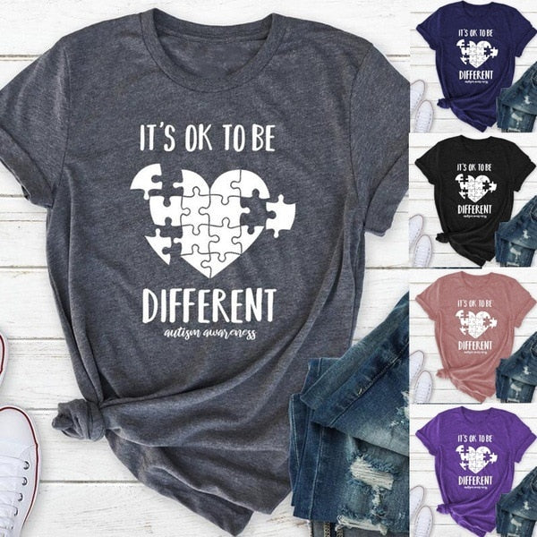 To Be Different Letter Puzzle Heart Print T Shirt Women Short Sleeve O Neck Loose Tshirt Summer Women Tee Shirt Tops Mujer
