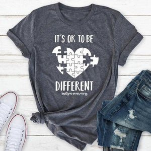 To Be Different Letter Puzzle Heart Print T Shirt Women Short Sleeve O Neck Loose Tshirt Summer Women Tee Shirt Tops MujerAwkward Styles Women's Love Puzzles Autism Awareness Graphic T Shirt Tops Autistic Support